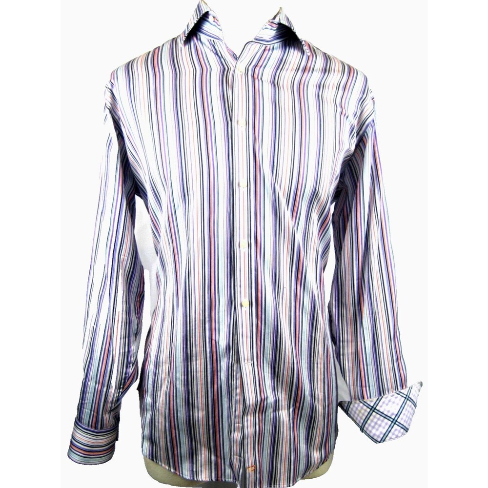 Men's Thomas Dean Long Sleeve Varicolored Striped Cotton Dress Shirt size LG